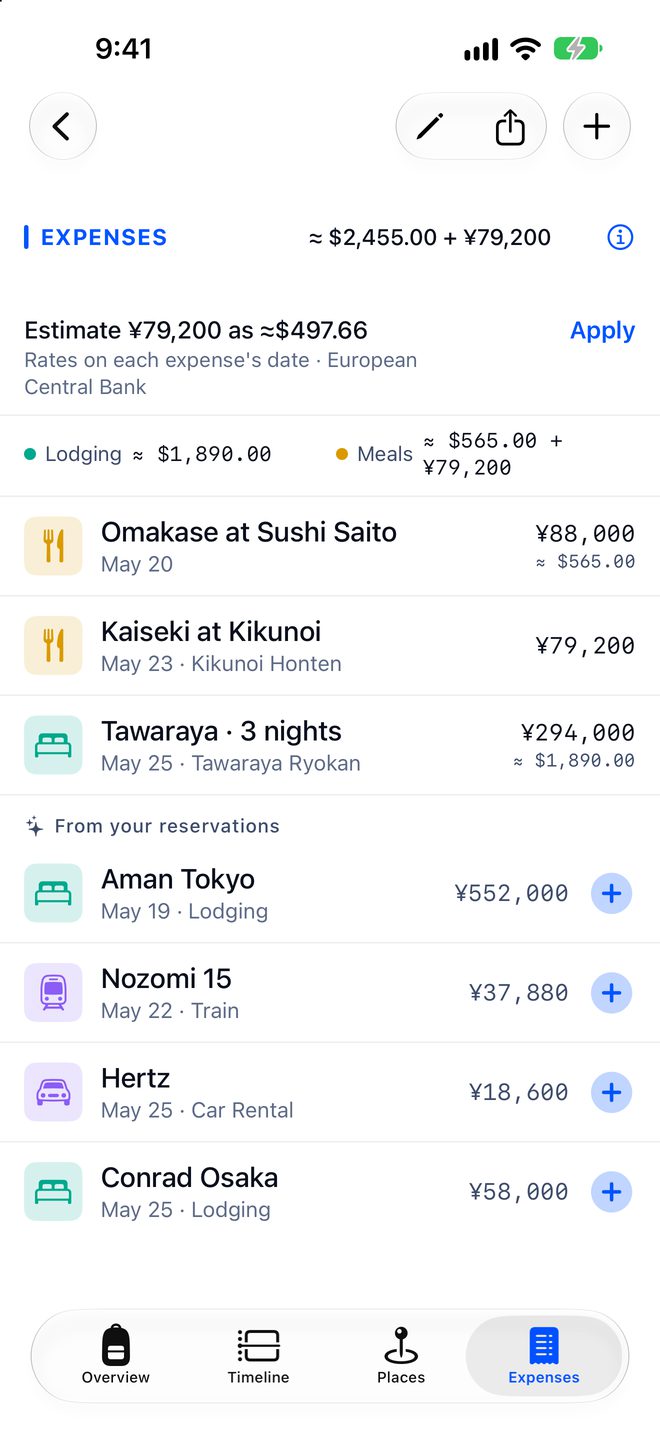 A trip&rsquo;s expenses in yen, with their dollar amounts and one estimate ready to apply