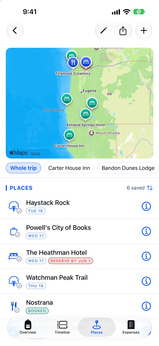 A road trip&rsquo;s saved places on a map, each with its day