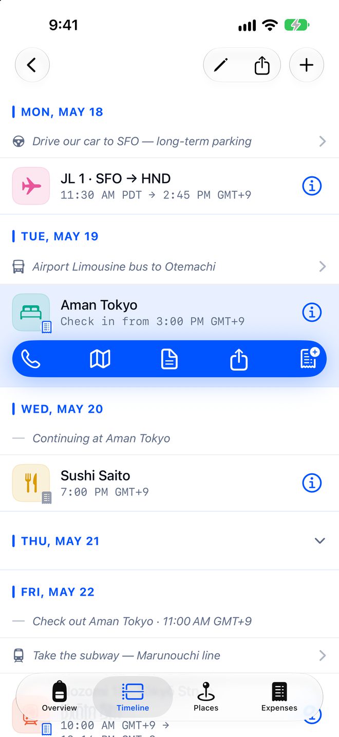 A trip&rsquo;s timeline, with the Aman Tokyo booking tapped open