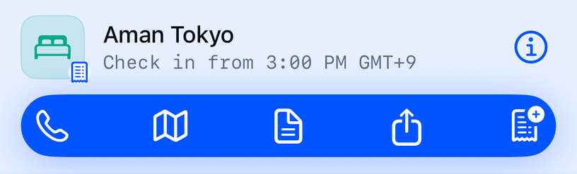 Aman Tokyo, tapped open: buttons to call, see the map, open the confirmation, share it, and add a receipt